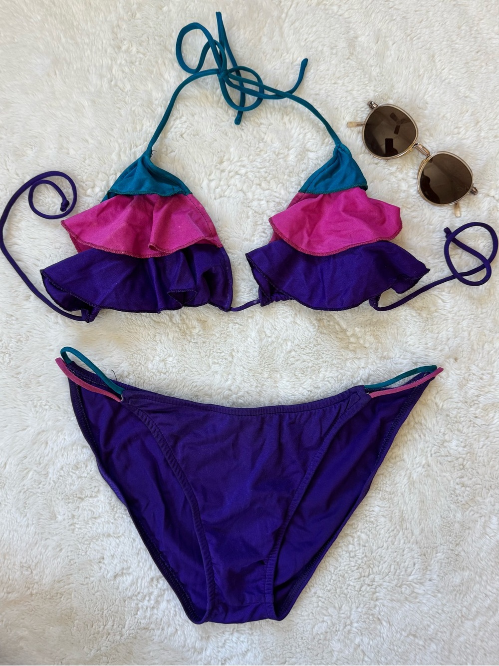 1990s Vintage Colorblock Ruffle Triangle Bikini Set in Teal, Pink, Purple